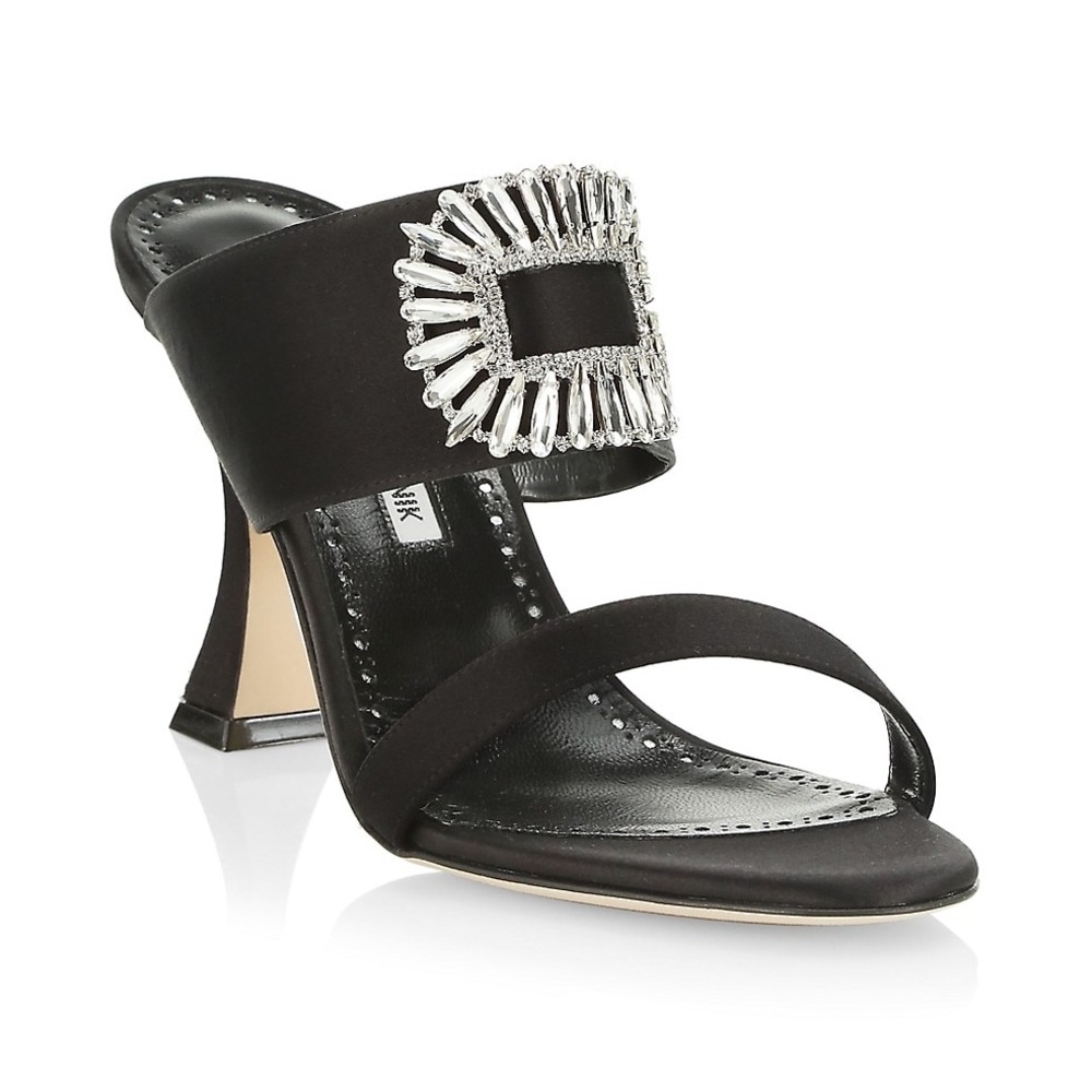 Manolo Blahnik Laali 90 Embellished Buckle Satin Mules